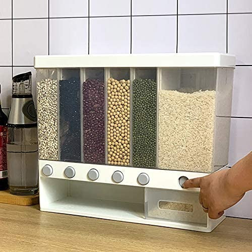 6-in-1 Wall Mounted Food Dispenser – Airtight Dry Food Storage Container for Kitchen | Multi-Section Cereal, Rice & Grain Organizer