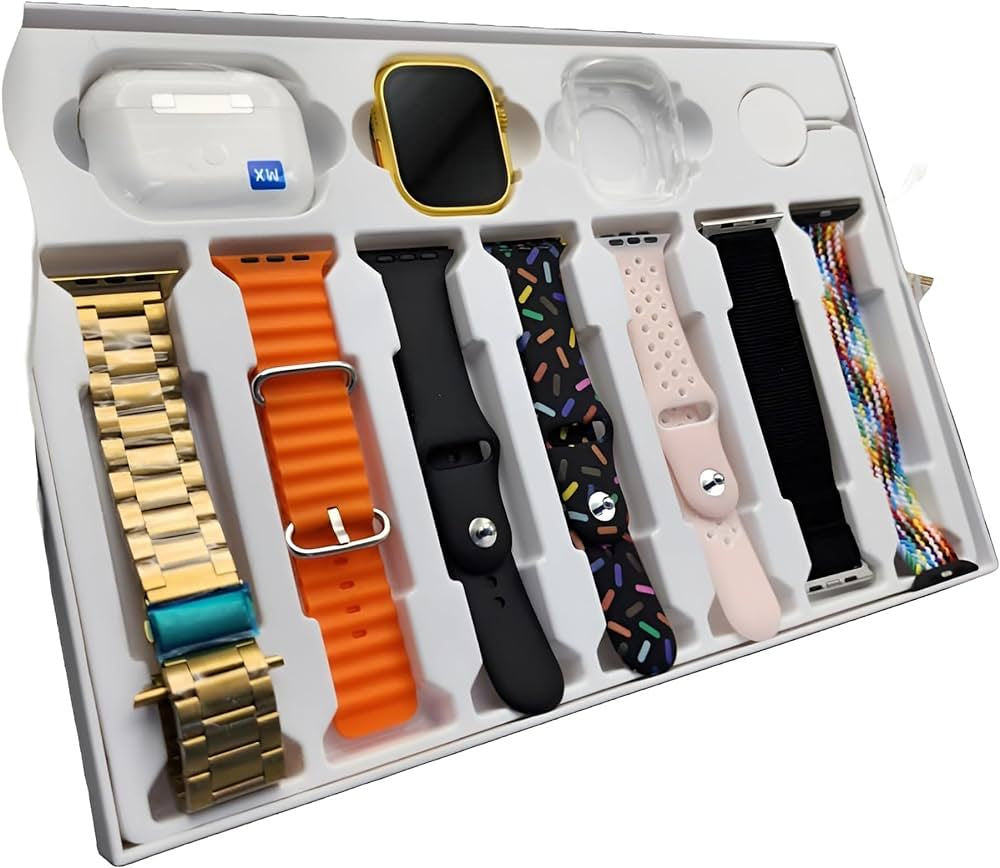 I20 Ultra Max Suit Smartwatch 10-in-1 Box – 2.3-Inch Large Display with 7 Mixed Color Straps and AirPods 2 – Complete Smart Combo Set for Men and Women