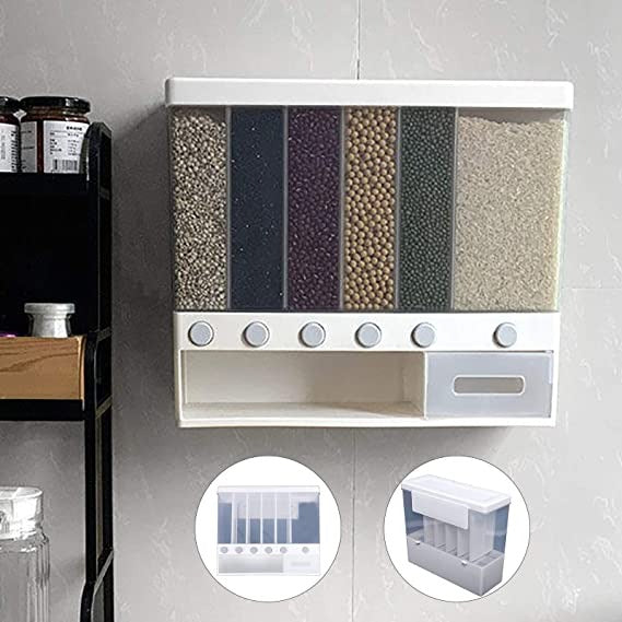 6-in-1 Wall Mounted Food Dispenser – Airtight Dry Food Storage Container for Kitchen | Multi-Section Cereal, Rice & Grain Organizer