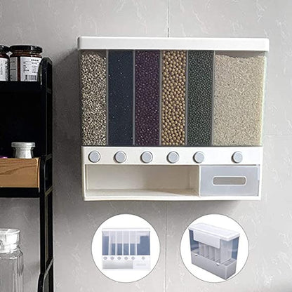 6-in-1 Wall Mounted Food Dispenser – Airtight Dry Food Storage Container for Kitchen | Multi-Section Cereal, Rice & Grain Organizer