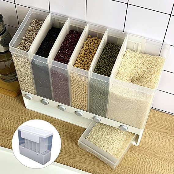 6-in-1 Wall Mounted Food Dispenser – Airtight Dry Food Storage Container for Kitchen | Multi-Section Cereal, Rice & Grain Organizer