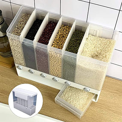 6-in-1 Wall Mounted Food Dispenser – Airtight Dry Food Storage Container for Kitchen | Multi-Section Cereal, Rice & Grain Organizer