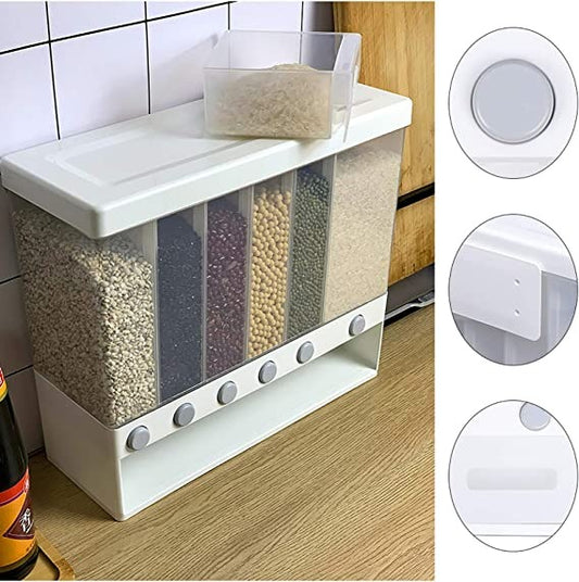 6-in-1 Wall Mounted Food Dispenser – Airtight Dry Food Storage Container for Kitchen | Multi-Section Cereal, Rice & Grain Organizer